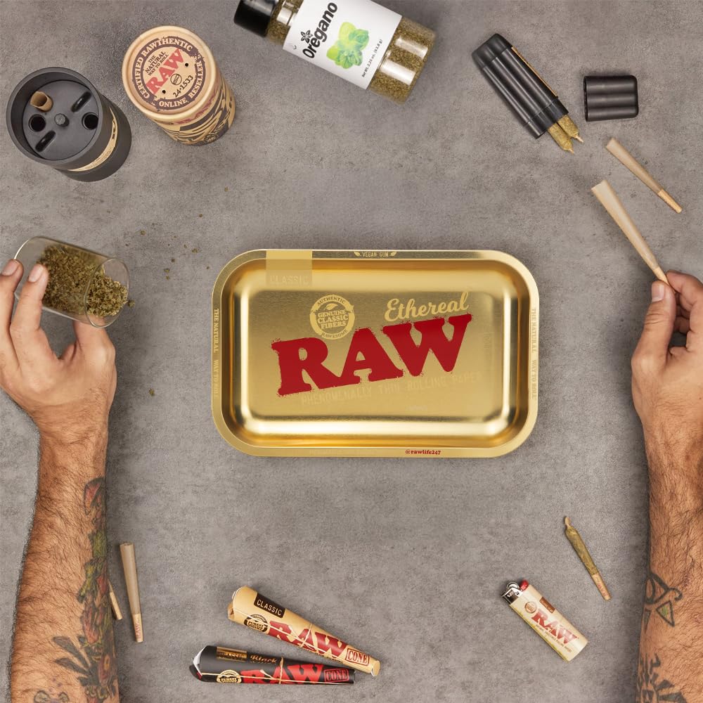 RAW Ethereal - Bandeja rodante pequeña - Elegante y elegante bandeja rodante de cigarrillos - Edición limitada con acabado dorado - 11 x 7 pulgadas