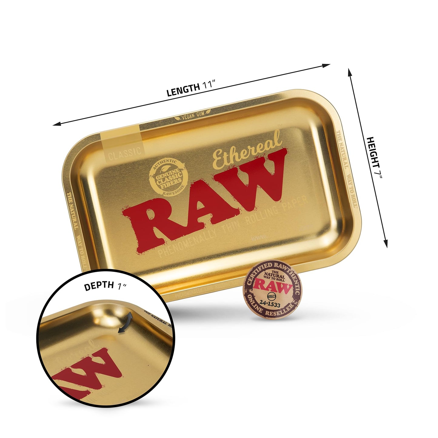 RAW Ethereal - Bandeja rodante pequeña - Elegante y elegante bandeja rodante de cigarrillos - Edición limitada con acabado dorado - 11 x 7 pulgadas