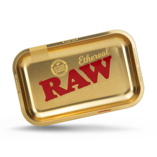 RAW Ethereal - Bandeja rodante pequeña - Elegante y elegante bandeja rodante de cigarrillos - Edición limitada con acabado dorado - 11 x 7 pulgadas